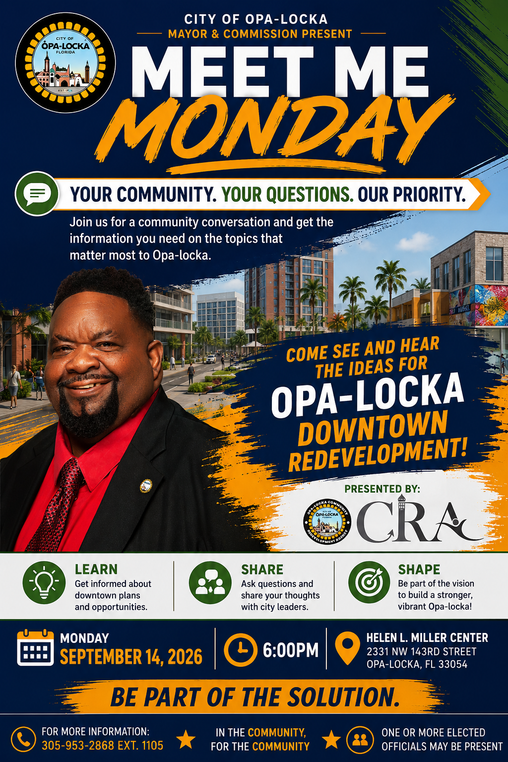 Meet Me Monday flyer for September 14, 2026 at the Helen L. Miller Center
